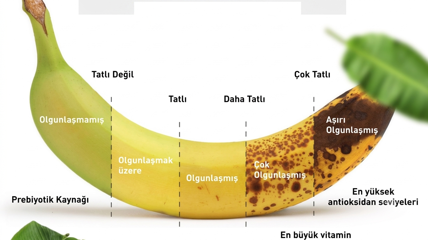 Banana ripeness chart showing stages from unripe green to overripe spotted, with sweetness and nutrition changes at each stage — ANAMUZ